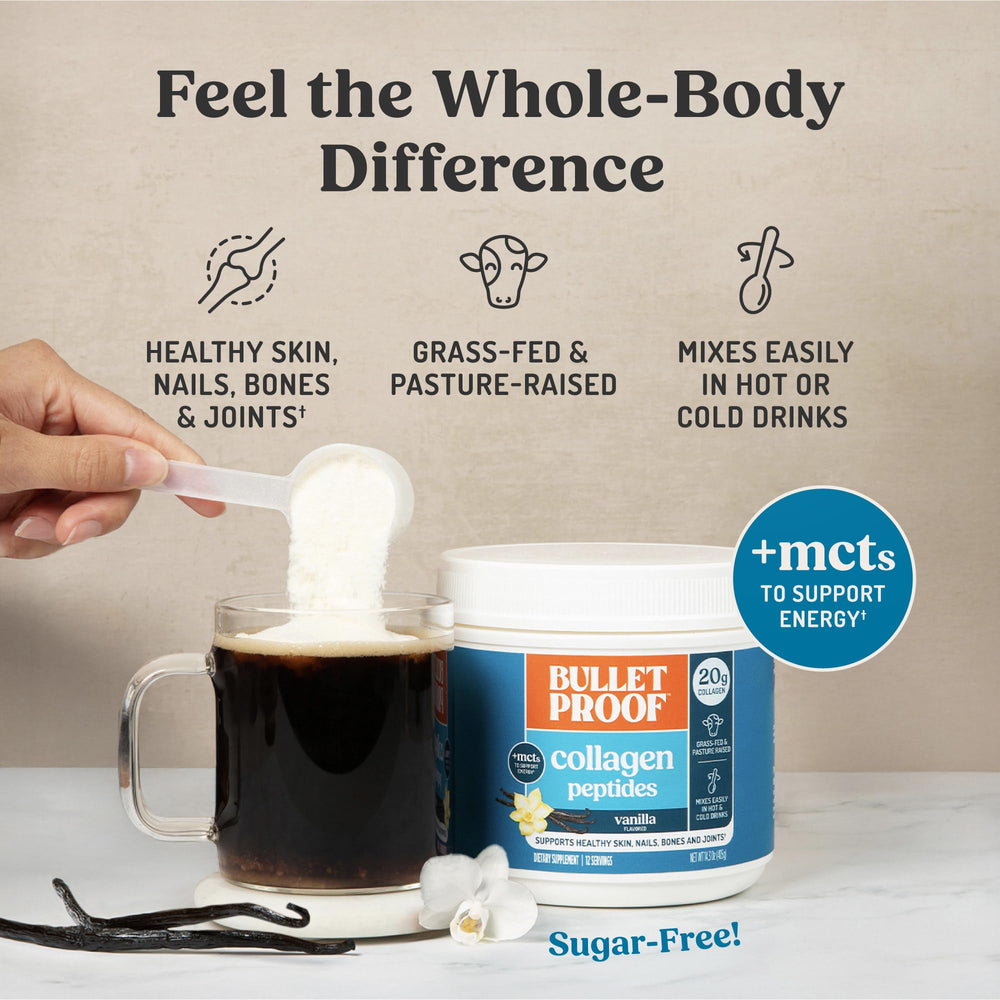 Bulletproof collagen powder blended into a smoothie bowl for skin and joint support.