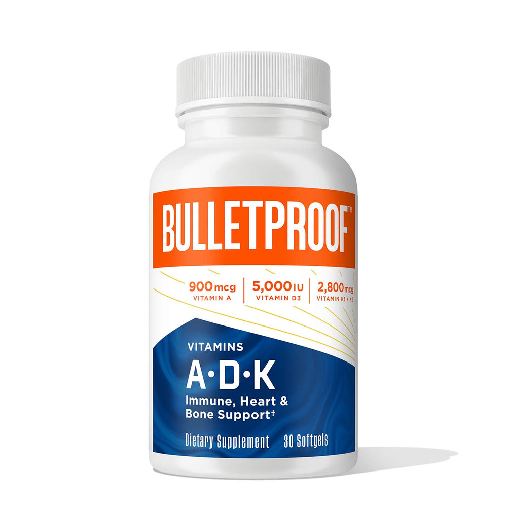 Bulletproof vitamins A-D-K softgels bottle highlighting immune and bone support