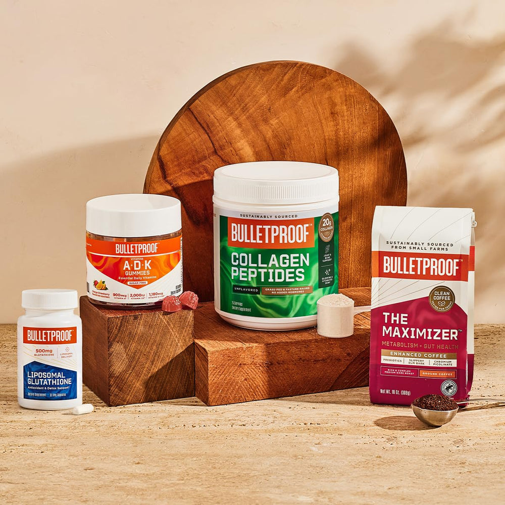 Bulletproof packaging on kitchen shelf for daily supplement routine