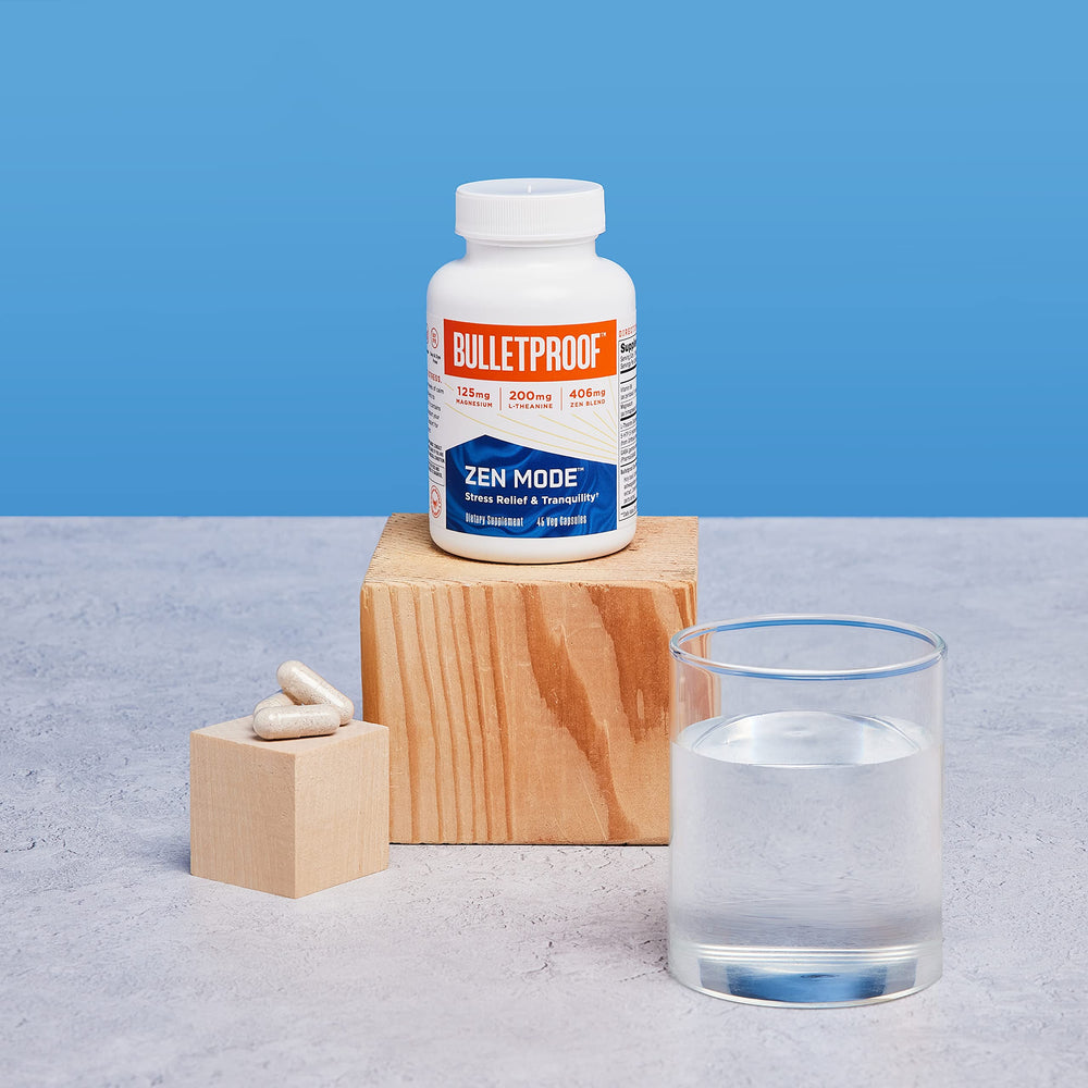 Bulletproof Zen Mode capsules poured for easy daily relaxation routine.