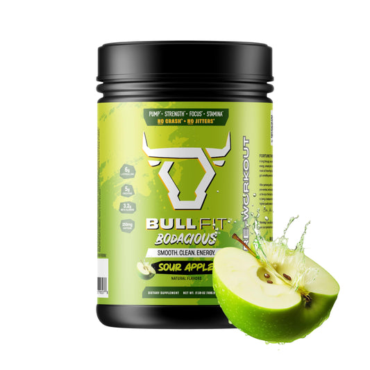 BullFit Bodacious Pre-Workout Pina Coolada bottle boosts focus and endurance.