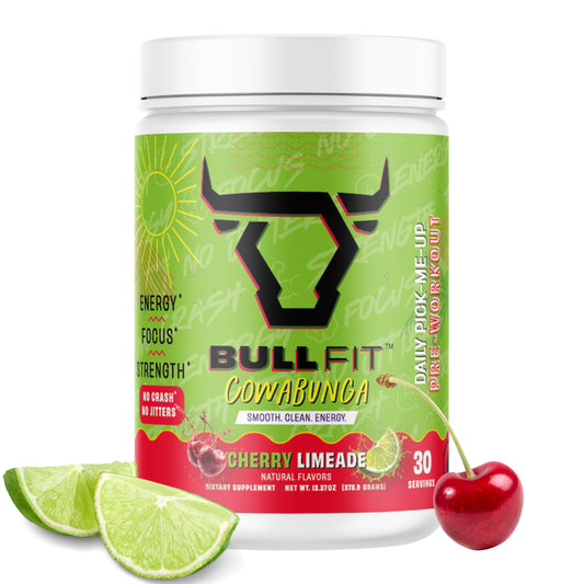 Bullfit Pre-Workout Peach Mango tub with scoop for clean energy during workouts
