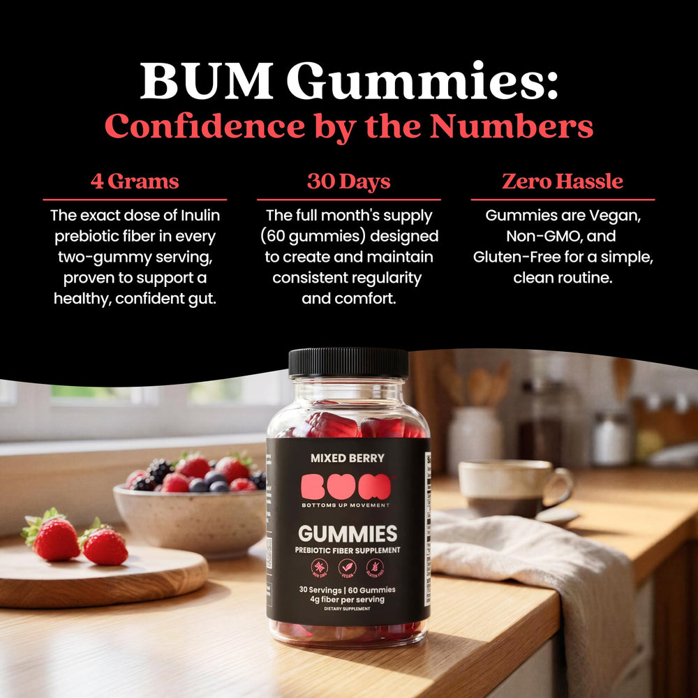 BUM Gummy serving illustrates 4g inulin per serving for gut support.