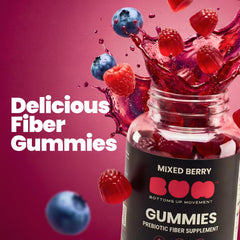 BUM Prebiotic Gummies bottle in USA-made facility for vegan digestive support.