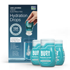 Buoy Electrolyte Drops bottle shown for quick, flavorless hydration.