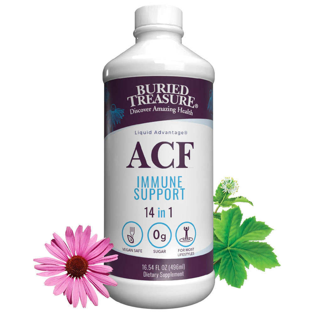 Buried Treasure ACF Advanced Immune Support bottle ready for daily dosing.