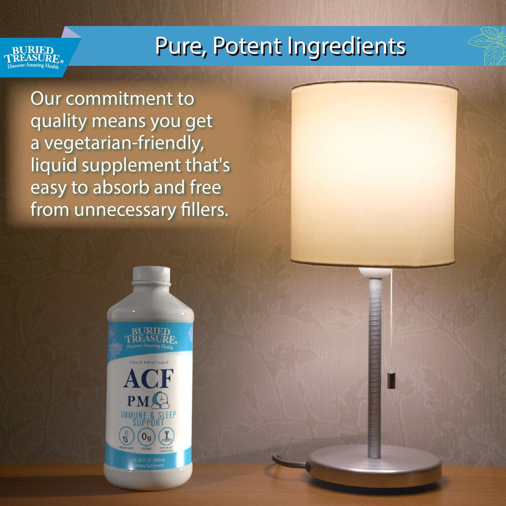Packaging and bottle on a clean kitchen counter with Buried Treasure ACF PM.