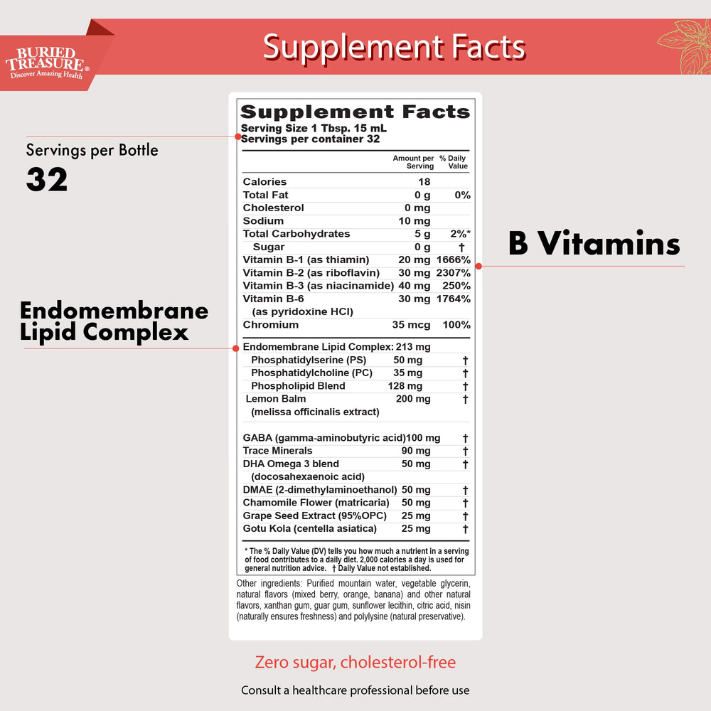 Buried Treasure Added Attention ingredients list highlighting DHA and vitamins for learning