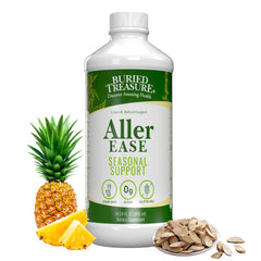 Buried Treasure Aller Ease bottle front promotes non-drowsy respiratory support for seasonal comfort.