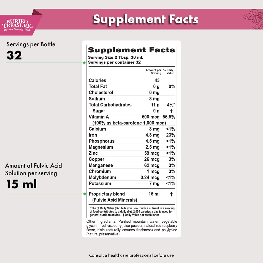 Buried Treasure Fulvic Mineral Complex label close-up highlighting plant-derived minerals.