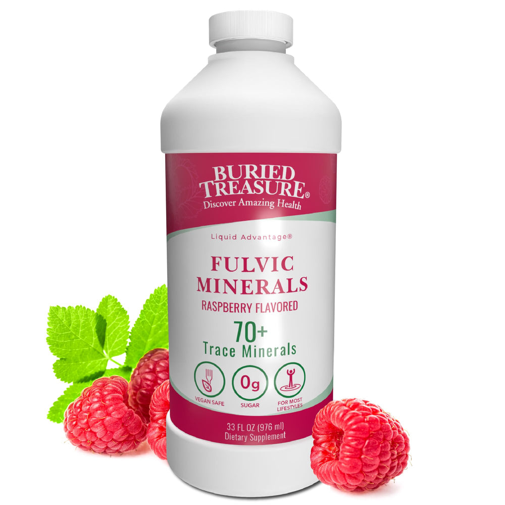 Buried Treasure Fulvic Mineral Complex raspberry flavor bottle pour for natural hydration.
