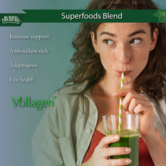 Buried Treasure Green20 Fusion with matcha and goji antioxidants visible in the blend.