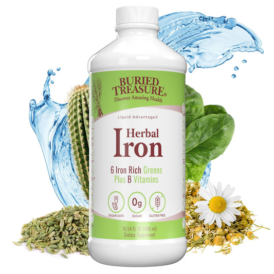 Buried Treasure Herbal Iron bottle-front view, vegan iron for daily energy support