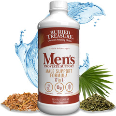 Buried Treasure Men's Prostate Complete bottle close-up showing liquid formula for fast absorption.