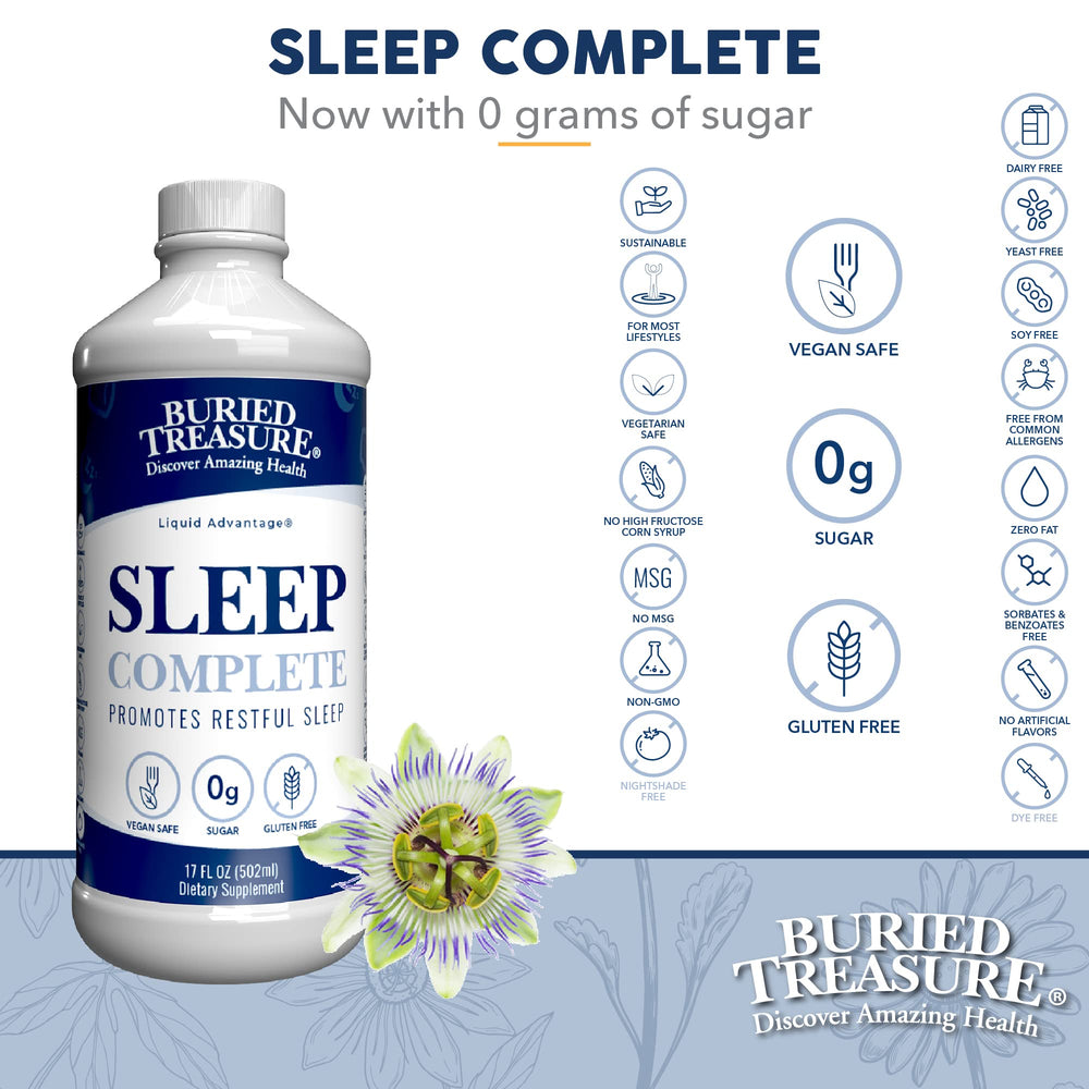 Buried Treasure Sleep Complete label closeup highlights herbal blend for calm nights.