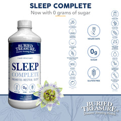 Buried Treasure Sleep Complete label closeup highlights herbal blend for calm nights.