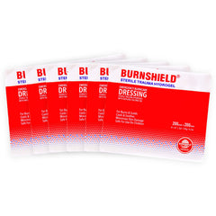 Burnshield emergency dressing 8x8 in use with cooling hydrogel for burn relief