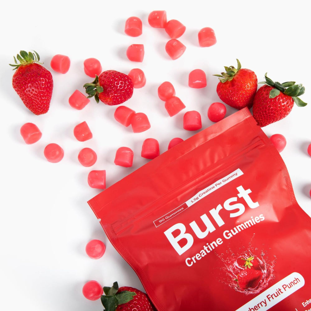 Close-up of Burst Creatine Gummies texture, showcasing chewy, fruity consistency.