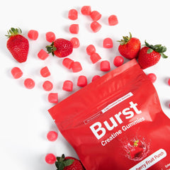 Close-up of Burst Creatine Gummies texture, showcasing chewy, fruity consistency.