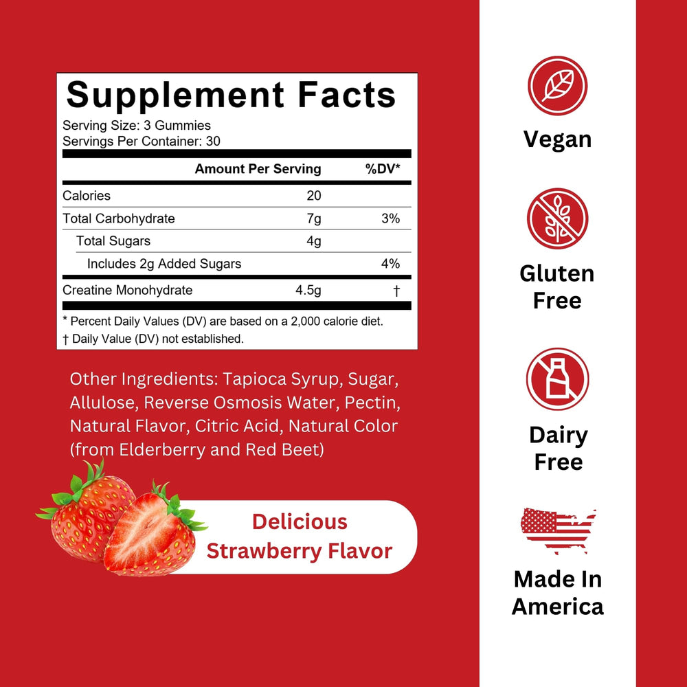 Ingredient panel of Burst Creatine Gummies showing vegan, gluten-free, and non-GMO claims.