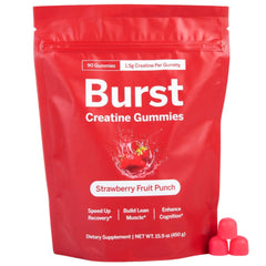 Packaging scene of Burst Creatine Gummies emphasizing strawberry flavor and 90-count bottle.