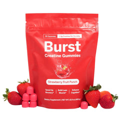 Burst Creatine Gummies bottle featuring strawberry flavor and 1.5g per gummy for lean muscle support.