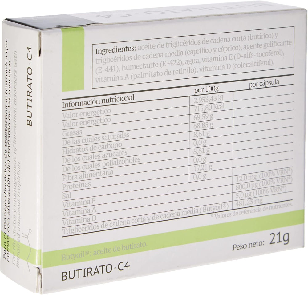 Butycaps Butyrate C4 30cap bottle back highlights ingredients at a glance.