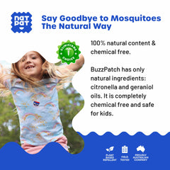 BUZZPATCH NATPAT patches applied on arm for quick, non-toxic protection.