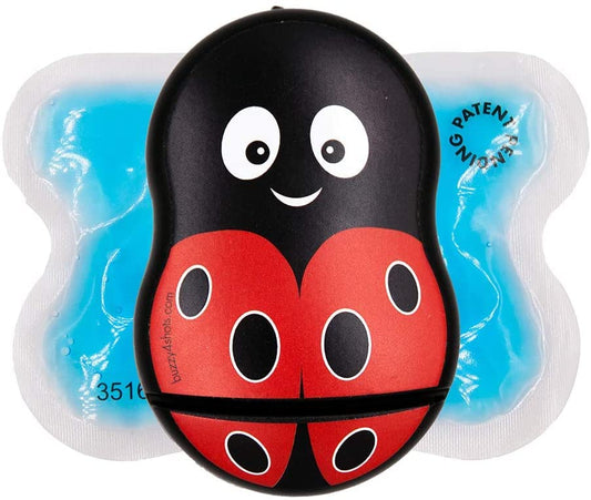 Buzzy Personal handheld design shown for on-the-go pain relief during injections.