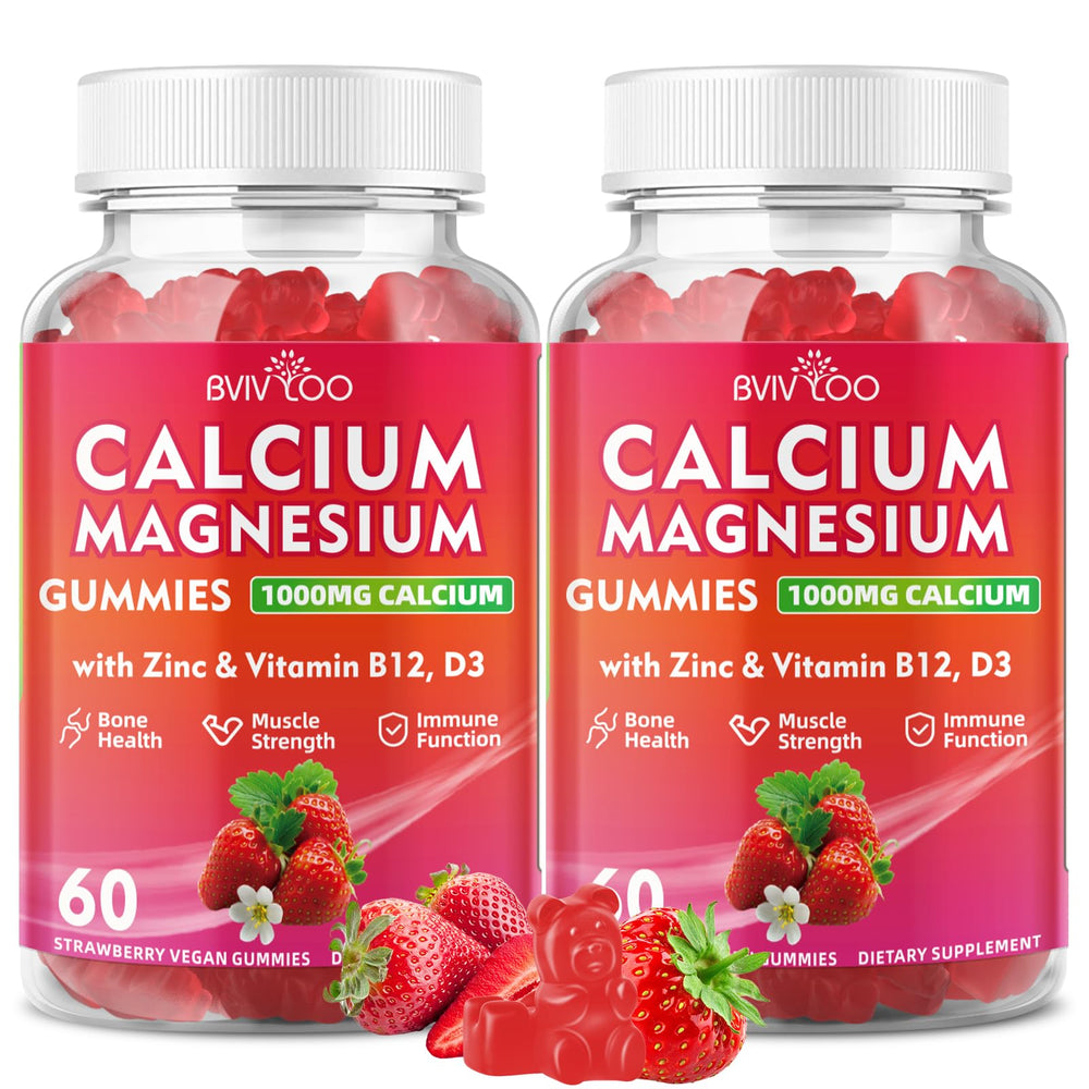 BVIVLOO Calcium Gummies bottle close-up showing strawberry flavor for daily support