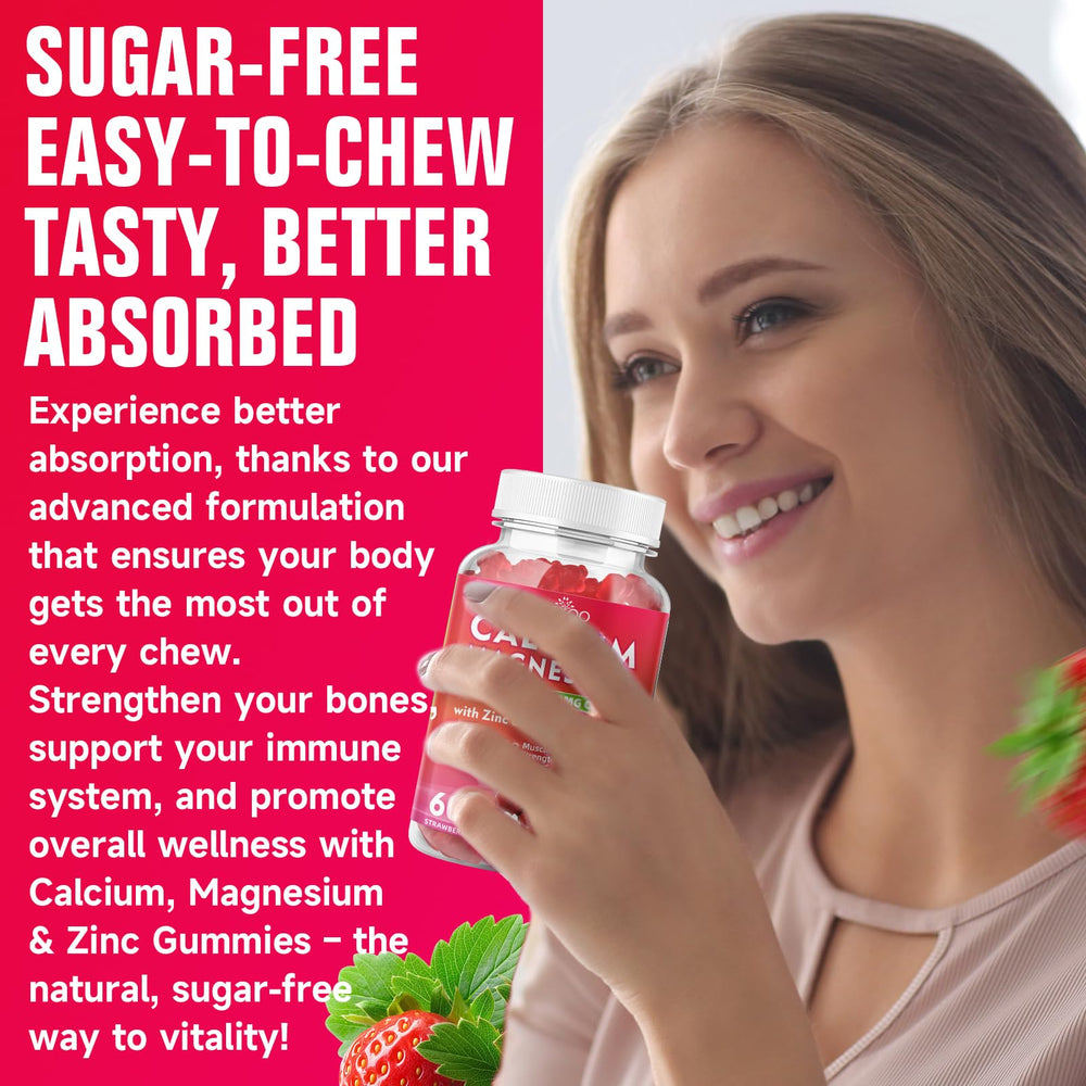 BVIVLOO Calcium Gummies label displays strawberry flavor and vegan formula