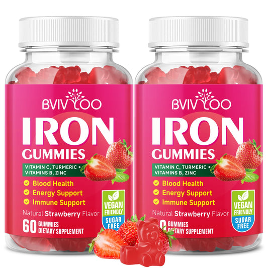BVIVLOO iron gummies two-pack bottle showing convenient soft chews for daily energy support.