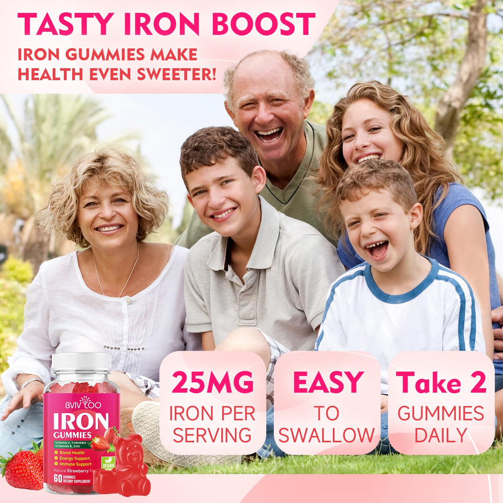 BVIVLOO vegan iron gummies in a two-pack display highlighting convenience.