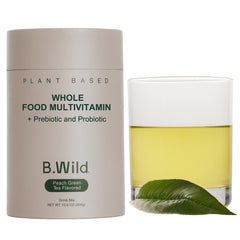 Bwild plant-based multivitamin bottle shows peach green tea flavor for daily wellness.