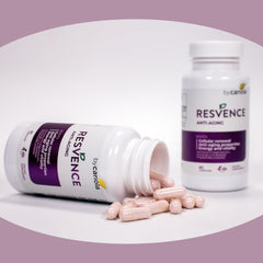 BY CARIOLA Resvence dosing guide visual shows twice-daily capsule routine.