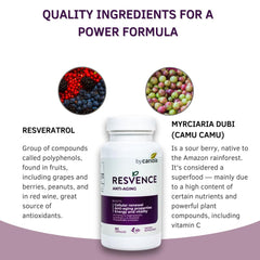 BY CARIOLA Resvence label packaging emphasizes USA-made quality and natural ingredients.