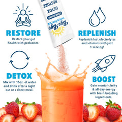 Bye-Bye Weekend detox drink mix bag close-up highlighting zero sugar and flavor