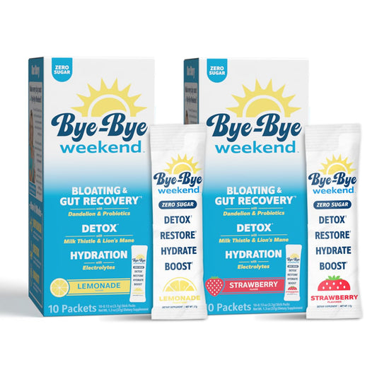 Bye-Bye Weekend detox drink mix bottle-pour showcases quick hydration after meals or workouts.