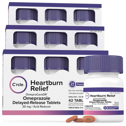 C'rcle Omeprazole 20mg tablets bottle displaying daily heartburn relief potential