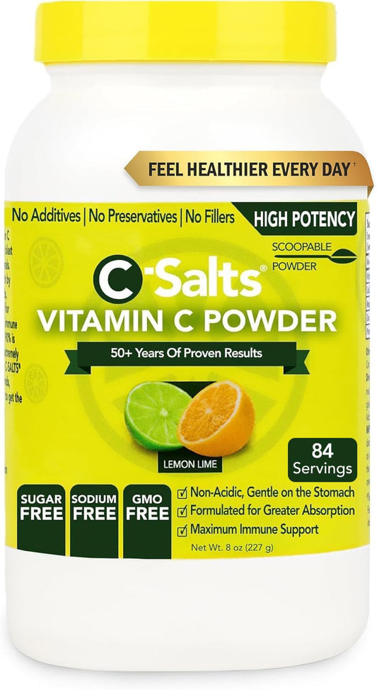 C-Salts Vitamin C Powder bottle on shelf for daily immune support.