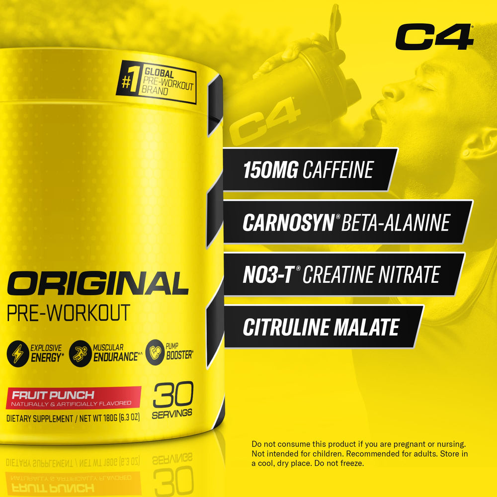 C4 Original Fruit Punch scoop next to powder ready for a quick energy boost
