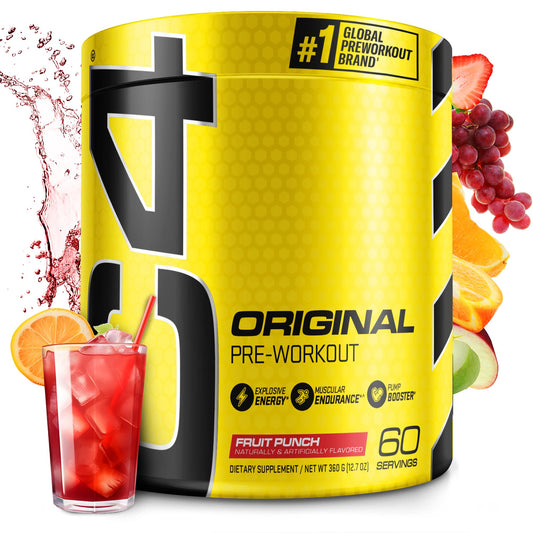 C4 Original Fruit Punch tub with scoop ready for a quick pre-workout energy boost.