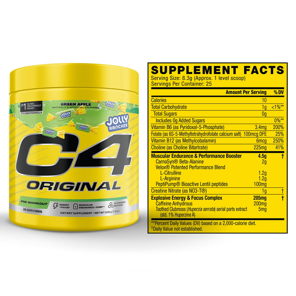 C4 Original Green Apple packaging displayed with scoop for pre-workout prep