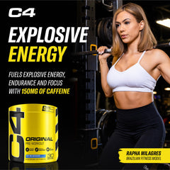 C4 Original Icy Blue Razz glass with ice illustrates a refreshing pre-workout drink.