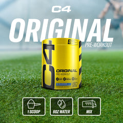 C4 Original tub sits beside a shaker for pre-workout preparation.