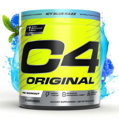 C4 Original ICY Blue Razz tub front with energizing pre-workout formula visible