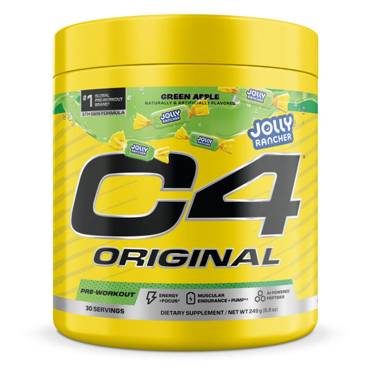 C4 Original Jolly Rancher Green Apple bottle ready for pre-workout energy boost.