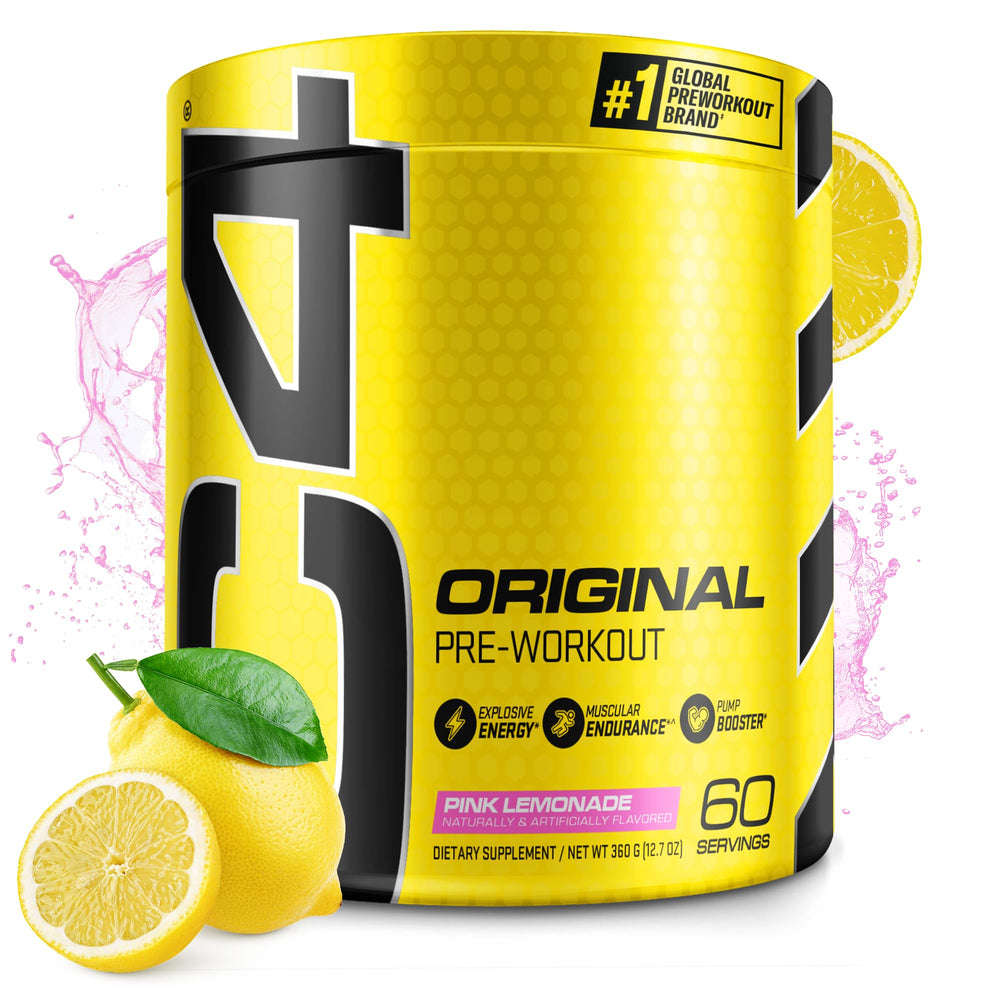 C4 Original Pink Lemonade serving suggesting a fitness session with 150 mg caffeine for energized workouts.