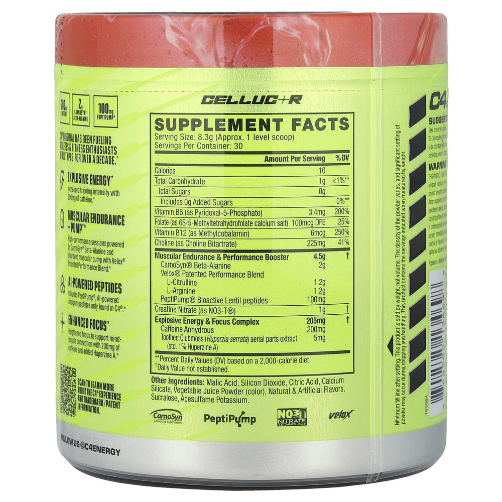 C4 Original Popsicle Cherry scoop highlighting 200 mg caffeine for sustained workouts.