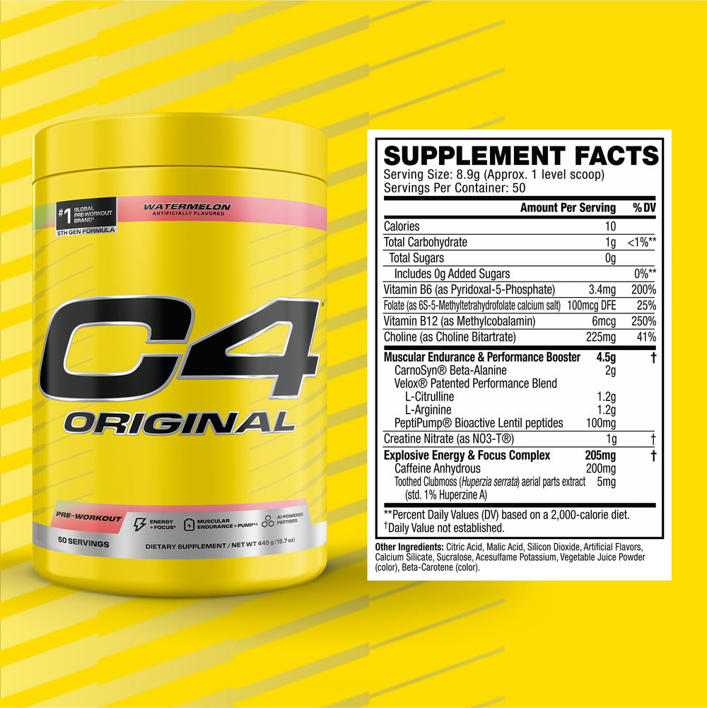 Pouring C4 Original Pre Workout into a shaker for endurance support.